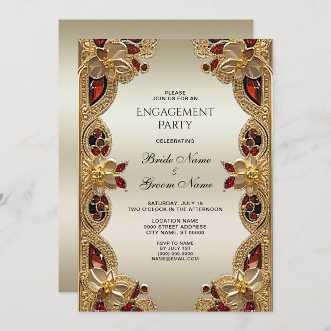 Golden Flowers Red Gemstone Engagement Invitation (Front/Back)