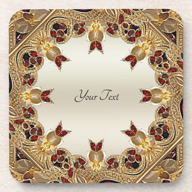 Golden Flowers Red Gemstone Hard Plastic Coaster (Front)