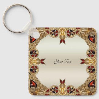 Golden Flowers Red Gemstone Keychain