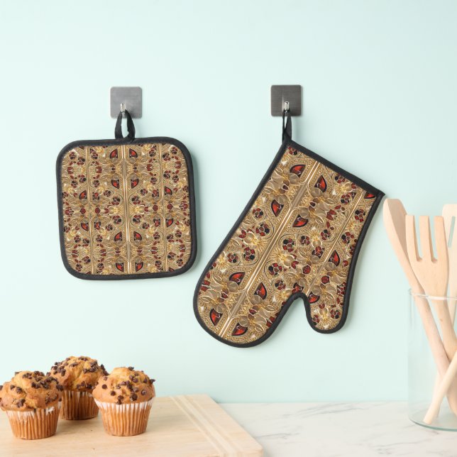 Golden Flowers Red Gemstone Oven Mitt & Pot Holder Set (Insitu(Hanging))