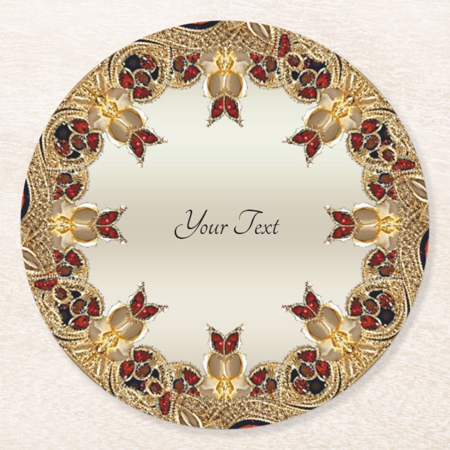 Golden Flowers Red Gemstone Paper Coaster (Front)