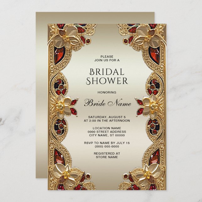 Golden Flowers Red Gemstone Splendour Bridal Showe Invitation (Front/Back)