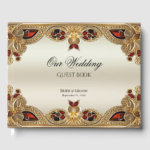 Golden Flowers Red Gemstone Splendour Guest Book