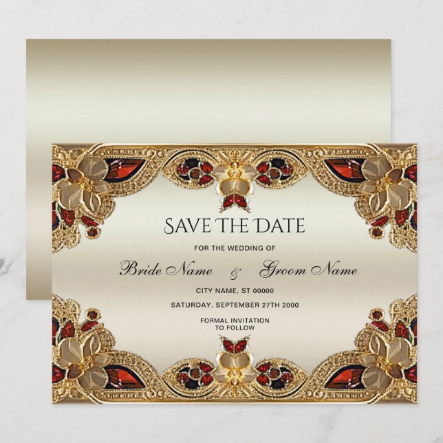 Golden Flowers Red Gemstone Splendour Save The Dat Date (Front/Back)