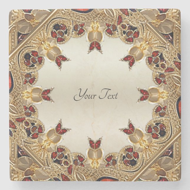 Golden Flowers Red Gemstone Stone Coaster (Front)