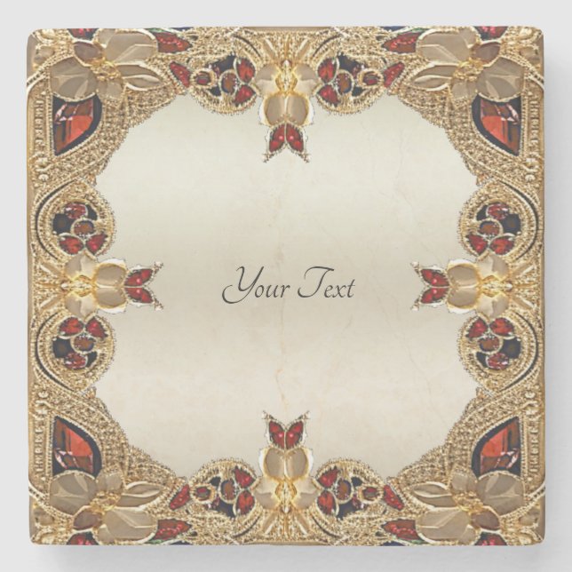 Golden Flowers Red Gemstone Stone Coaster (Front)