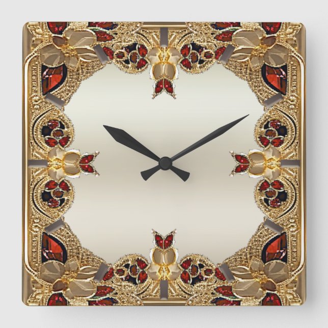 Golden Flowers Red Gemstone Wall Clock (Front)