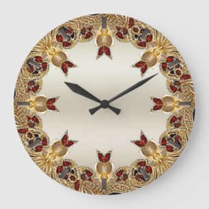 Golden Flowers Red Gemstone Wall Clock
