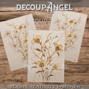 Golden Flowers Trio - Decoupage - Wrapping Paper Sheet