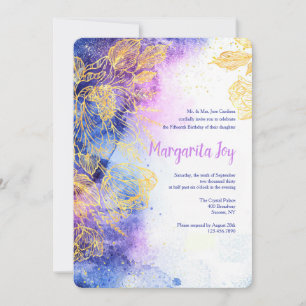 Golden Flowers Watercolor Blue Invitation