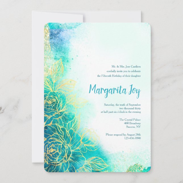 Golden Flowers Watercolor Teal Invitation (Front)