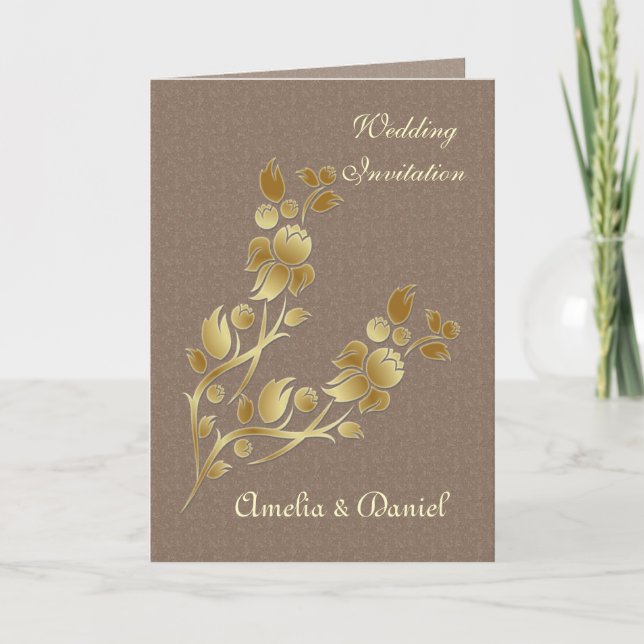 Golden flowers Wedding Invitation Card (Front)