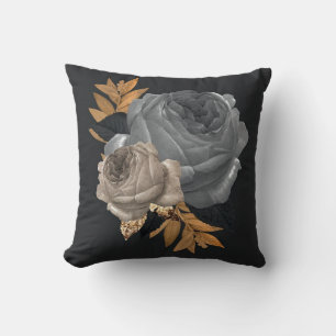 golden flowers with black background Throw Pillow