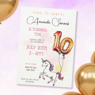 Golden Foil Balloon Unicorn Girl 10th Birthday Invitation