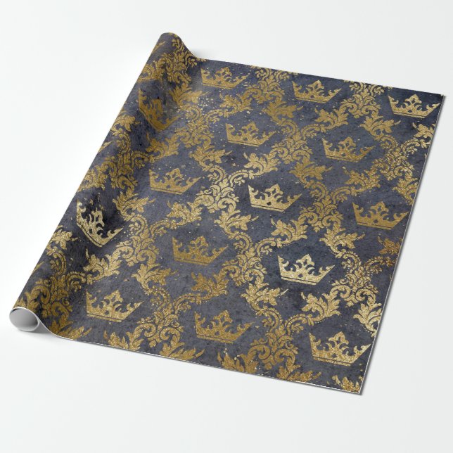 Golden Foil Crown Confetti Royal Purple Velvet Wrapping Paper (Unrolled)