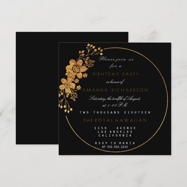 Golden Foil Floral Glam Vip Birthday Party Invitation (Front/Back)