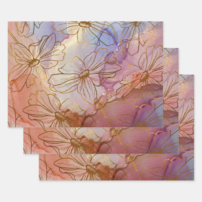 Golden Foil Flowers on Pastel Abstract  Wrapping Paper Sheet (Set)
