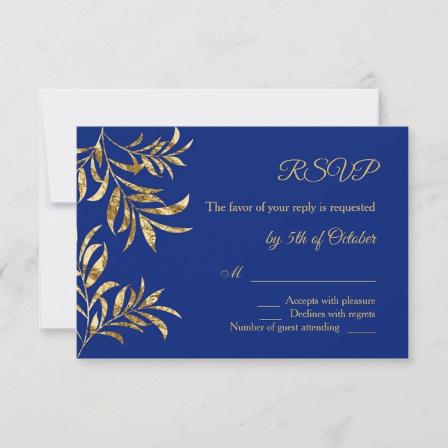 Golden foil leaves on blue Wedding RSVP (Front)