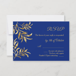 Golden foil leaves on blue Wedding RSVP