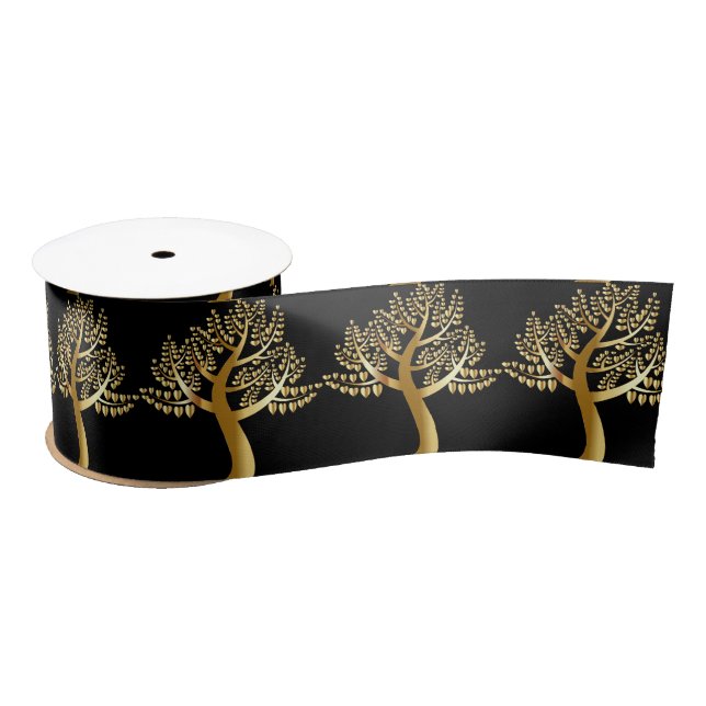 Golden Foil-Like Tree Gold Hearts Leaves Night Sky Satin Ribbon (Spool)