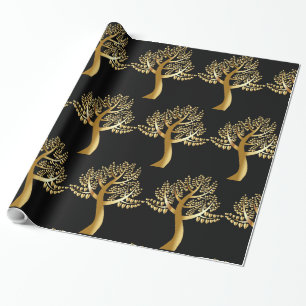 Golden Foil-Like Tree with Gold Hearts Wrapping Paper