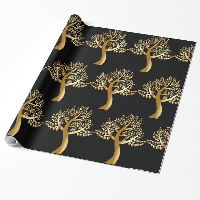 Golden Foil-Like Tree with Gold Hearts Wrapping Paper (Unrolled)