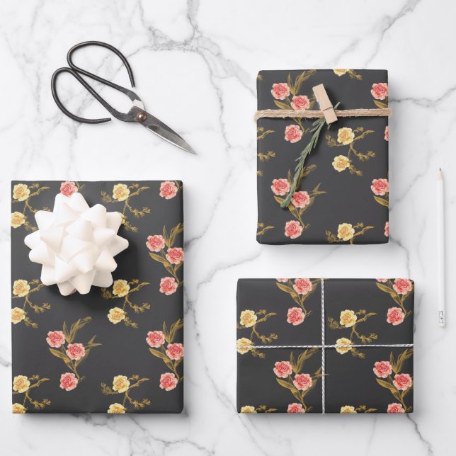 Golden Foliage and Flower Buds Wrapping Paper Sheet (Front)