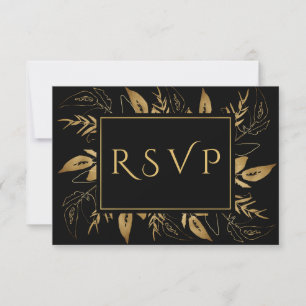 Golden Foliage   Elegant Gold Black Wedding RSVP Card