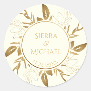Golden Foliage   Elegant Gold Ivory White Wedding Classic Round Sticker