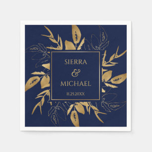 Golden Foliage Elegant Gold Navy Blue Wedding Napkin