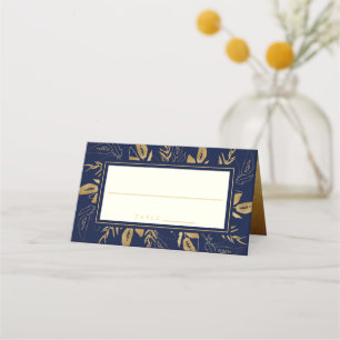 Golden Foliage   Elegant Gold Navy Blue Wedding Place Card