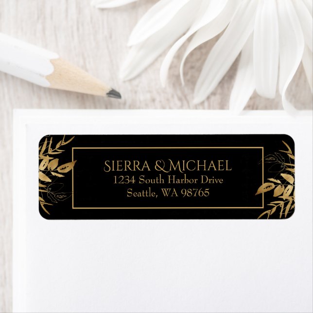 Golden Foliage | Gold Black Wedding Return Address Label (Insitu)