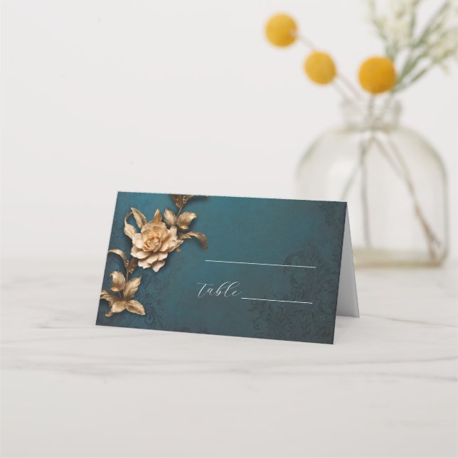 Golden foliage vintage wedding place card (Front)