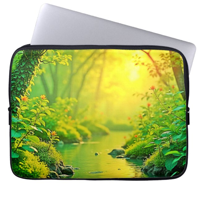 Golden Forest Stream Peaceful Art Laptop Sleeve (Front)