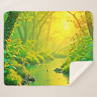 Golden Forest Stream Peaceful Art Sherpa Blanket
