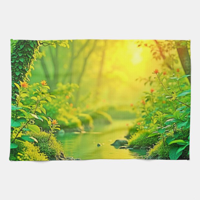 Golden Forest Stream Peaceful Art Tea Towel (Horizontal)