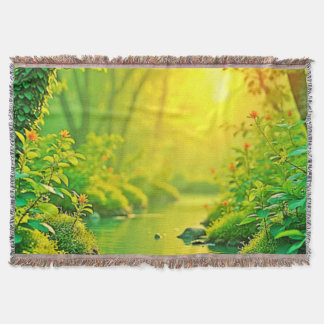 Golden Forest Stream Peaceful Art Throw Blanket