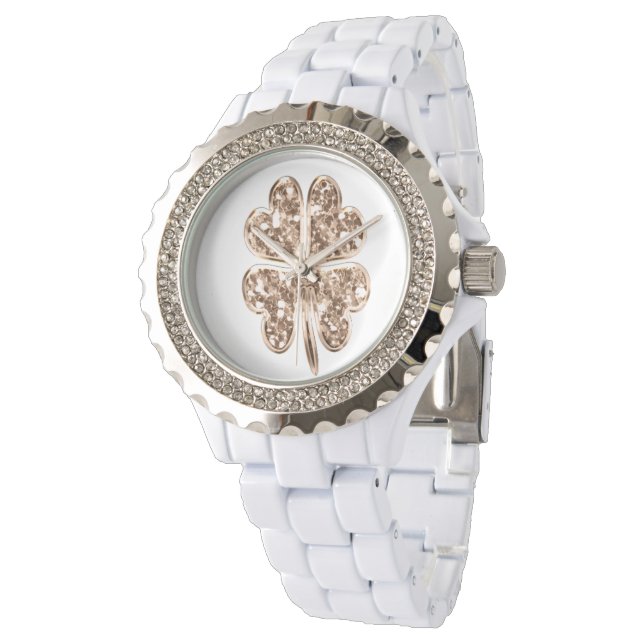 Golden Four Leaf Clover Elegant Faux Gold Modern Watch (Angled)