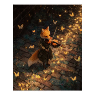 Golden Fox Violinist with Glowing Butterflies Art Poster