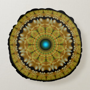 Golden fractal bright ornament mandala round cushion