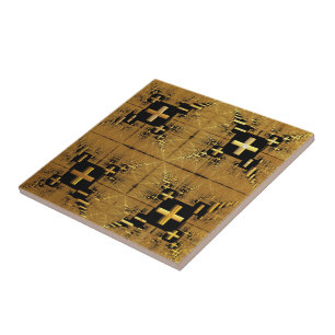 Golden Fractal Crosses Ceramic Tile
