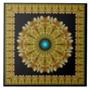 Golden fractal framed ornament mandala ceramic tile