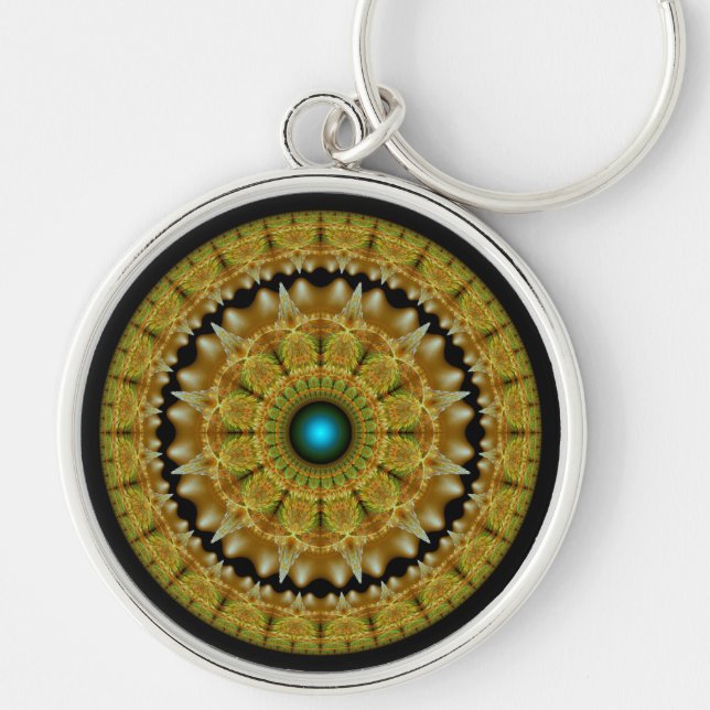 Golden fractal mandala keychain (Front)