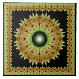 Golden fractal ornament mandala ceramic tile