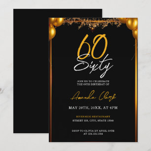 Golden Frame Balloons Confetti 60th Birthday Invitation