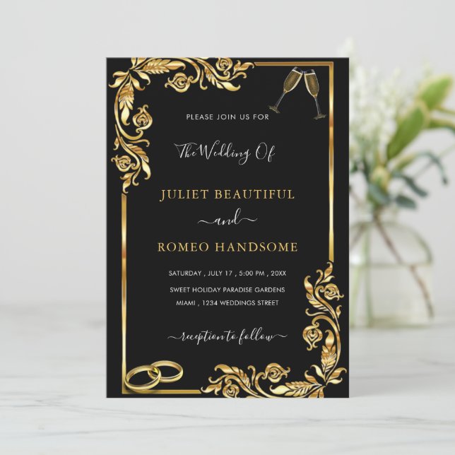 Golden Frame Black Wedding Invitation - Your Colou (Standing Front)