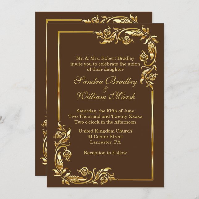 Golden Frame Elegant Chocolate Brown w/ Gold Print Invitation (Front/Back)