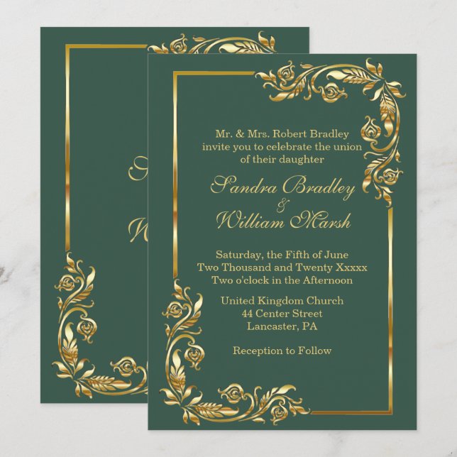 Golden Frame Elegant Forest Green w/ Gold Print   Invitation (Front/Back)