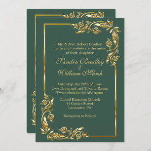 Golden Frame Elegant Forest Green w/ Gold Print Invitation