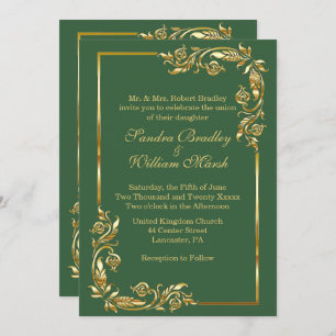 Golden Frame Elegant Hunter Green w/ Gold Print Invitation